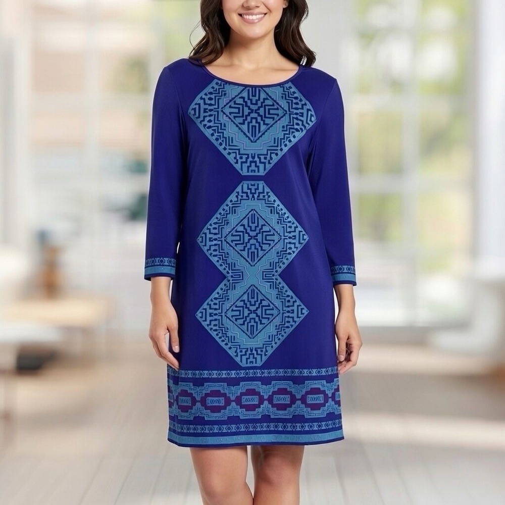 Britt Ryan Womens Shift Dress Size 8 3/4 Sleeve 100% Silk Geometric Purple